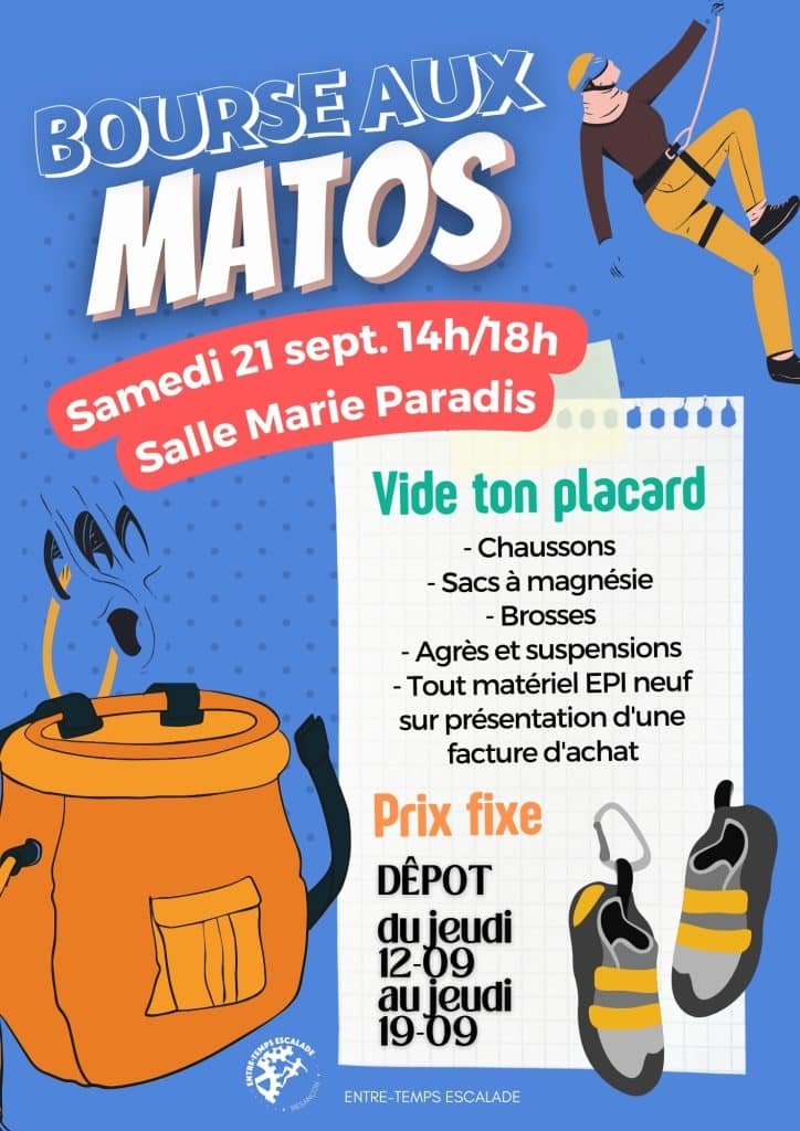 Bourses aux matériels d'escalade, chaussons, sacs à magnésie, brosses... 1 BOURSE SAMEDI 21 09 24 1