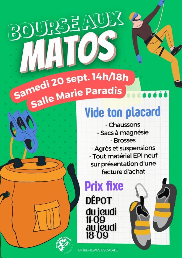 Bourses aux matos, chaussons, sacs à magnésie, brosses... Rdv le 20 septembre ! 1 BOURSE SAMEDI 21 09 24 1