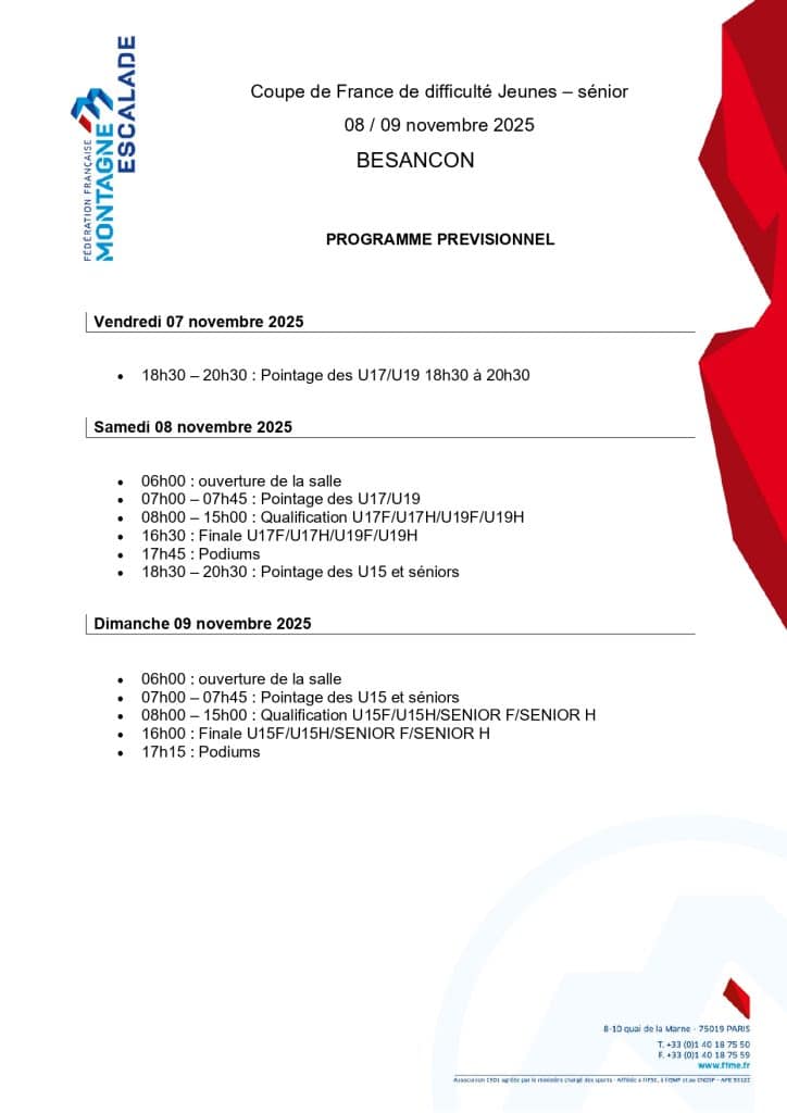 Programme - Coupe de France de difficulté, Jeunes et Séniors 2026 2 Programme previsionnel page 0001